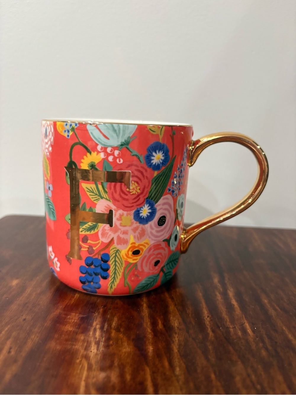 Anthropologie Red Floral Mug with Gold Handle and Monogram F